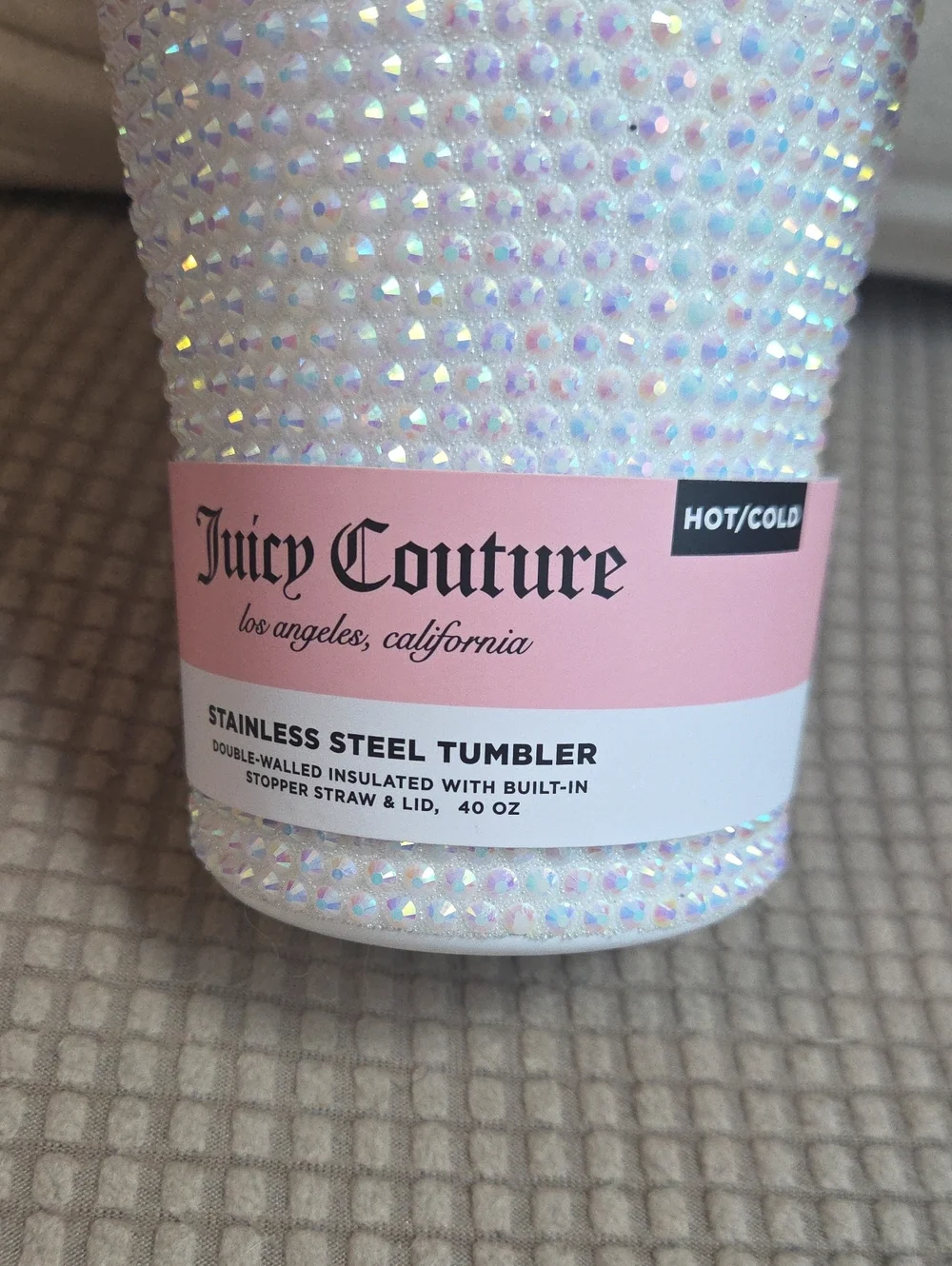 NWT Juicy Couture Iridescent Crystal Hot/Cold 40 oz. Cup with White Handle